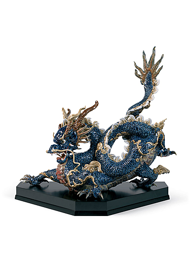 Lladro High Porcelain, Great Dragon Sculpture. Blue Enamel. Limited Edition