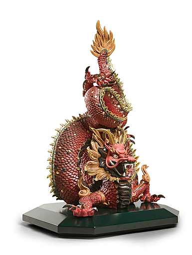 Lladro High Porcelain, Protective Dragon Sculpture. Golden Luster And Red. Limited Edition