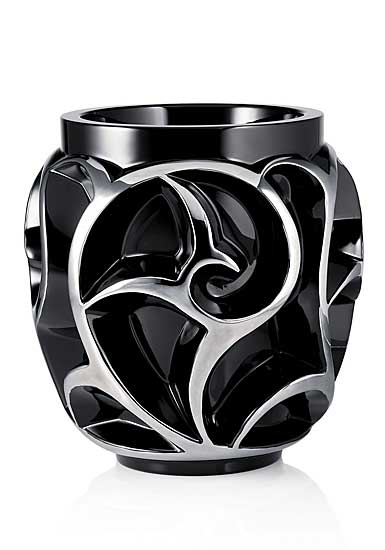 Lalique Crystal, Tourbillons Crystal Vase Platinum Black 999