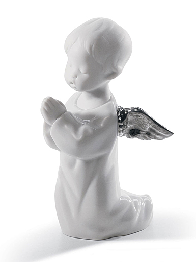 Lladro Classic Sculpture, Angel Praying Angel Figurine. Silver Lustre