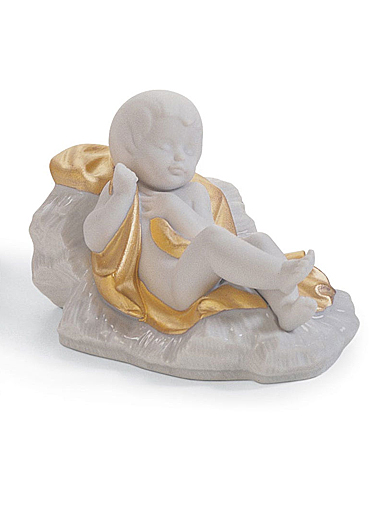 Lladro Classic Sculpture, Baby Jesus Nativity Figurine. Golden Lustre