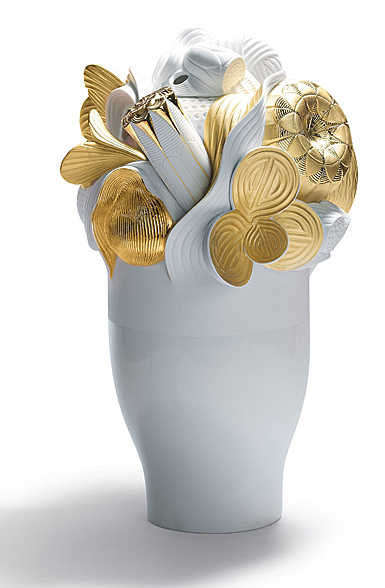 Lladro Home Decor, Naturofantastic Vase. Large Model. Golden Lustre