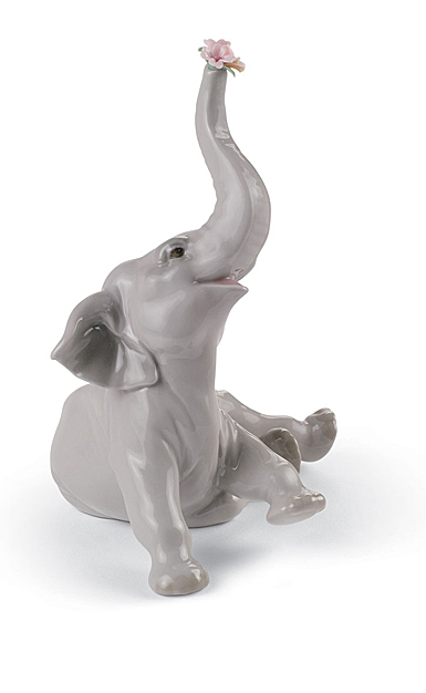Lladro Classic Sculpture, Baby Elephant With Pink Flower Figurine
