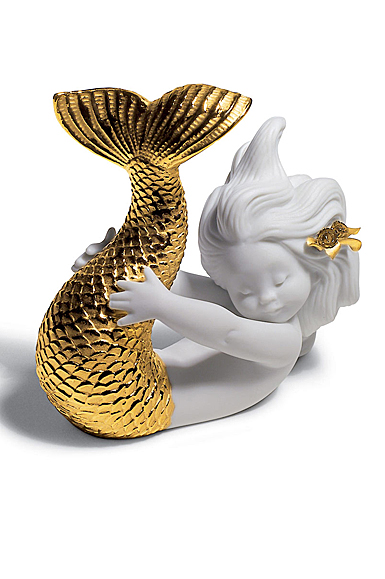 Lladro Classic Sculpture, Playing At Sea Mermaid Figurine. Golden Lustre