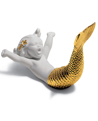 Lladro Classic Sculpture, Waking Up At Sea Mermaid Figurine. Golden Lustre