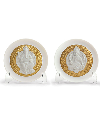 Lladro Home Decor, Goddes Lakshmi And Lord Ganesha Decorative Plates Set. Golden Lustre