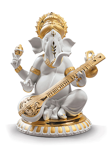Lladro Classic Sculpture, Veena Ganesha Figurine. Golden Lustre