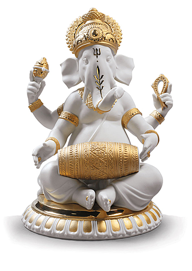 Lladro Classic Sculpture, Mridangam Ganesha Figurine. Golden Lustre