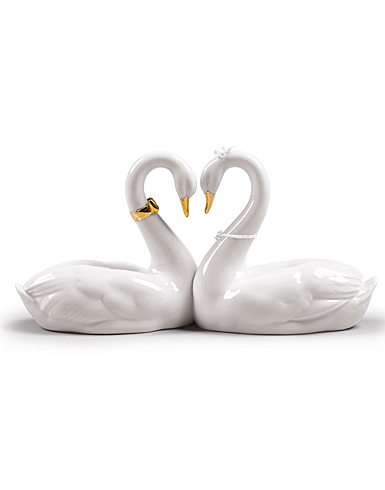 Lladro Classic Sculpture, Endless Love Swans Figurine. Golden Luster