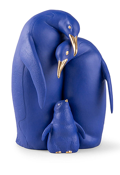 Lladro Design Figures, Penguin Family Sculpture. Limited Edition. Blue And Gold