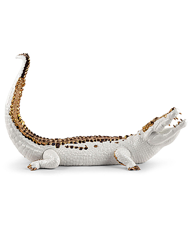 Lladro Classic Sculpture, Crocodile Figurine. White And Copper