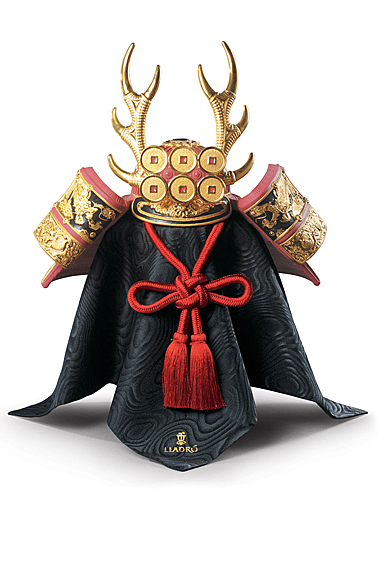 Lladro Classic Sculpture, Red Samurai Helmet Figurine. Golden Lustre