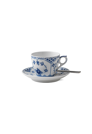 Royal Copenhagen, Blue Fluted Half Lace Coffee Cup and Saucer