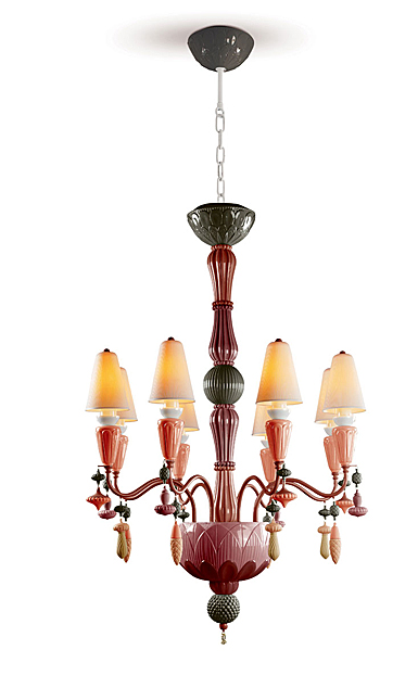 Lladro Classic Lighting, Ivy And Seed 8 Lights Chandelier. Red Coral