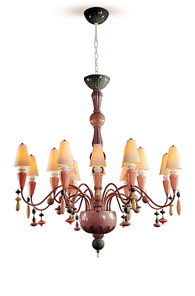 Lladro Classic Lighting, Ivy And Seed 16 Lights Chandelier. Medium Flat Model. Red Coral