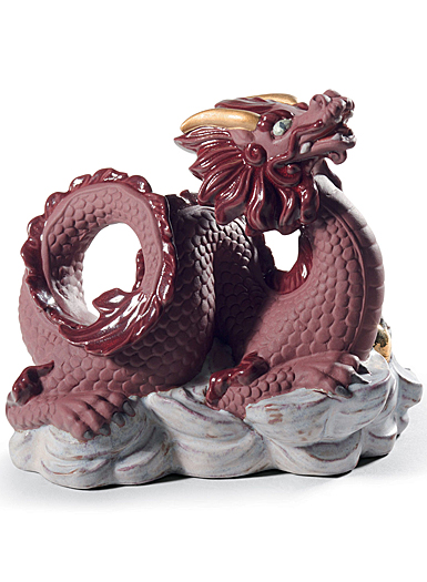 Lladro Classic Sculpture, The Dragon Sculpture. Golden Lustre And Red