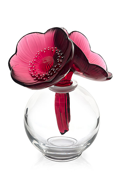 Lalique Crystal, Two Anemones Crystal Perfume Bottle, Red And White Enamelled