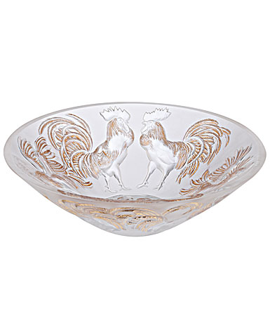 Lalique Zodiac Rooster Crystal Bowl, Clear And Gold Stamped, Limited Edition Of 888 Pieces