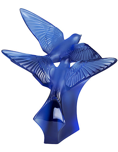 Lalique Two Hirondelles, Swallows Grand Sculpture, Sapphire Blue