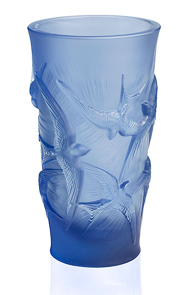 Lalique Hirondelles, Swallows 6" Vase, Sapphire Blue
