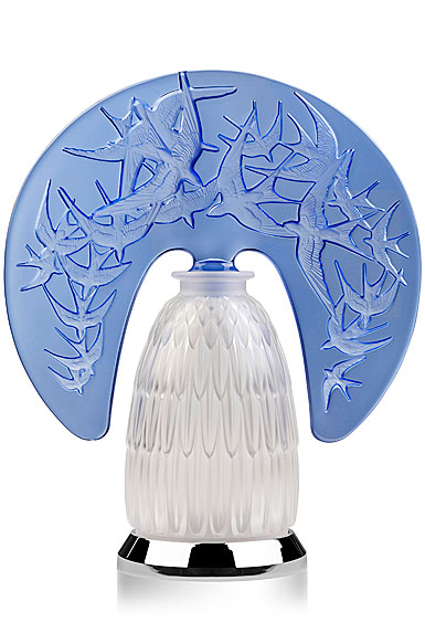 Lalique Hirondelles, Hirondelles, Swallows Lamp, Clear And Sapphire Blue, Chrome