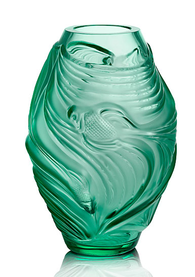 Lalique Poissons Combattants 7" Vase, Mint Green