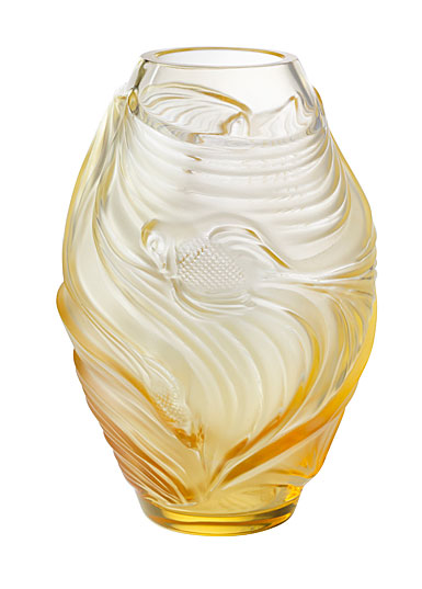 Lalique Poissons Combattants 7" Vase, Amber