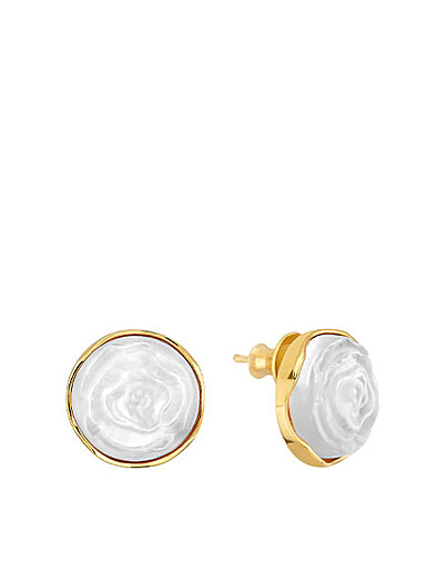 Lalique Pivoine Pierced Earrings Pair, White Pearly Crystal and Gold