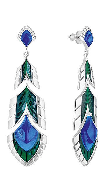 Lalique Paon Pierced Drop Earrings, Blue Crystal, Silver