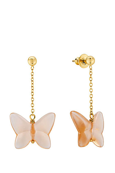 Lalique Papillon Pierced Earrings, Gold, Peach Crystal
