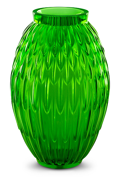 Lalique Empreinte Animale Plumes 11" Vase Green Meadow