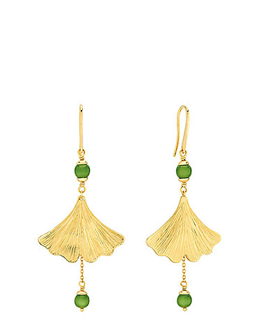 Lalique Ginkgo Large Earrings Pair, Gold and Antinea Green Crystal, French Hook
