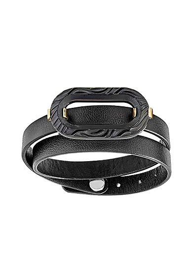 Lalique Empreinte Animale Leather Bracelet Black, 18K Yellow Gold Plated And Leather