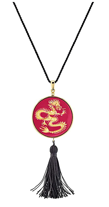 Lalique Dragon Tianlong Pendant Amber, Gold Stamped, 18K Yellow Gold Plated
