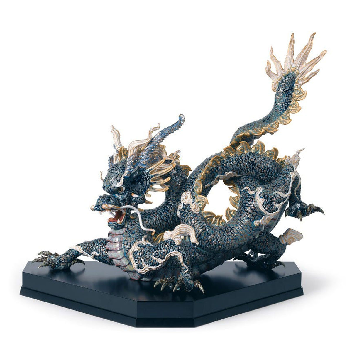 Lladro High Porcelain, Great Dragon Sculpture. Golden Lustre And Blue. Limited Edition