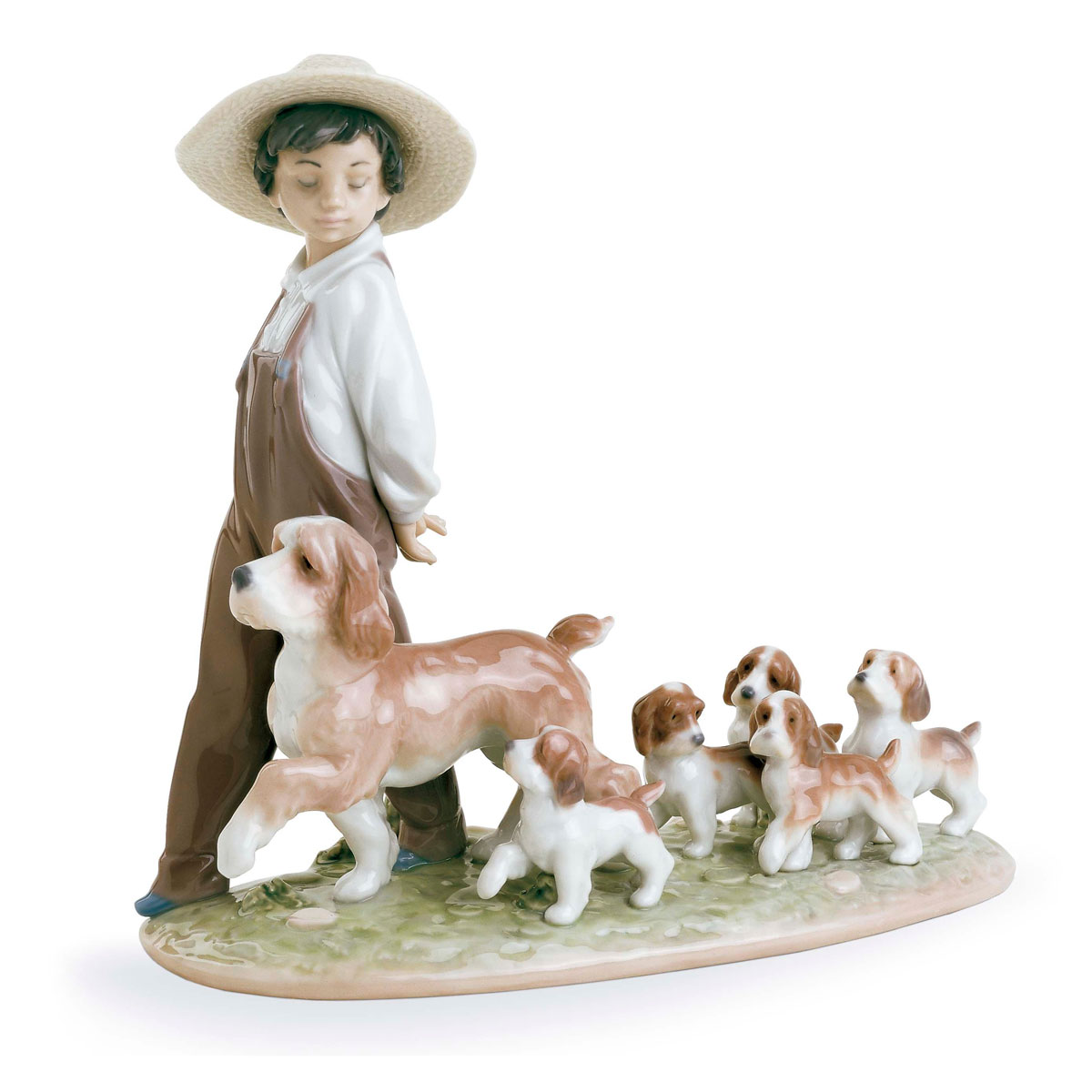 Lladro Classic Sculpture, My Little Explorers Boy With Dogs Figurine