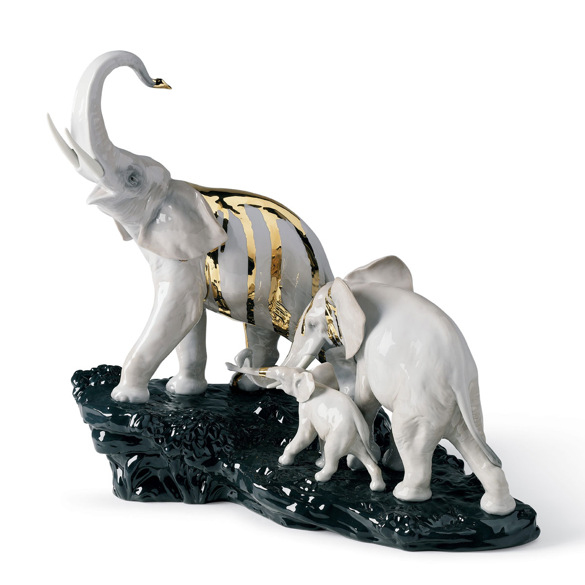 Lladro Design Figures, Celebration Elephants On Black Rock Figurine