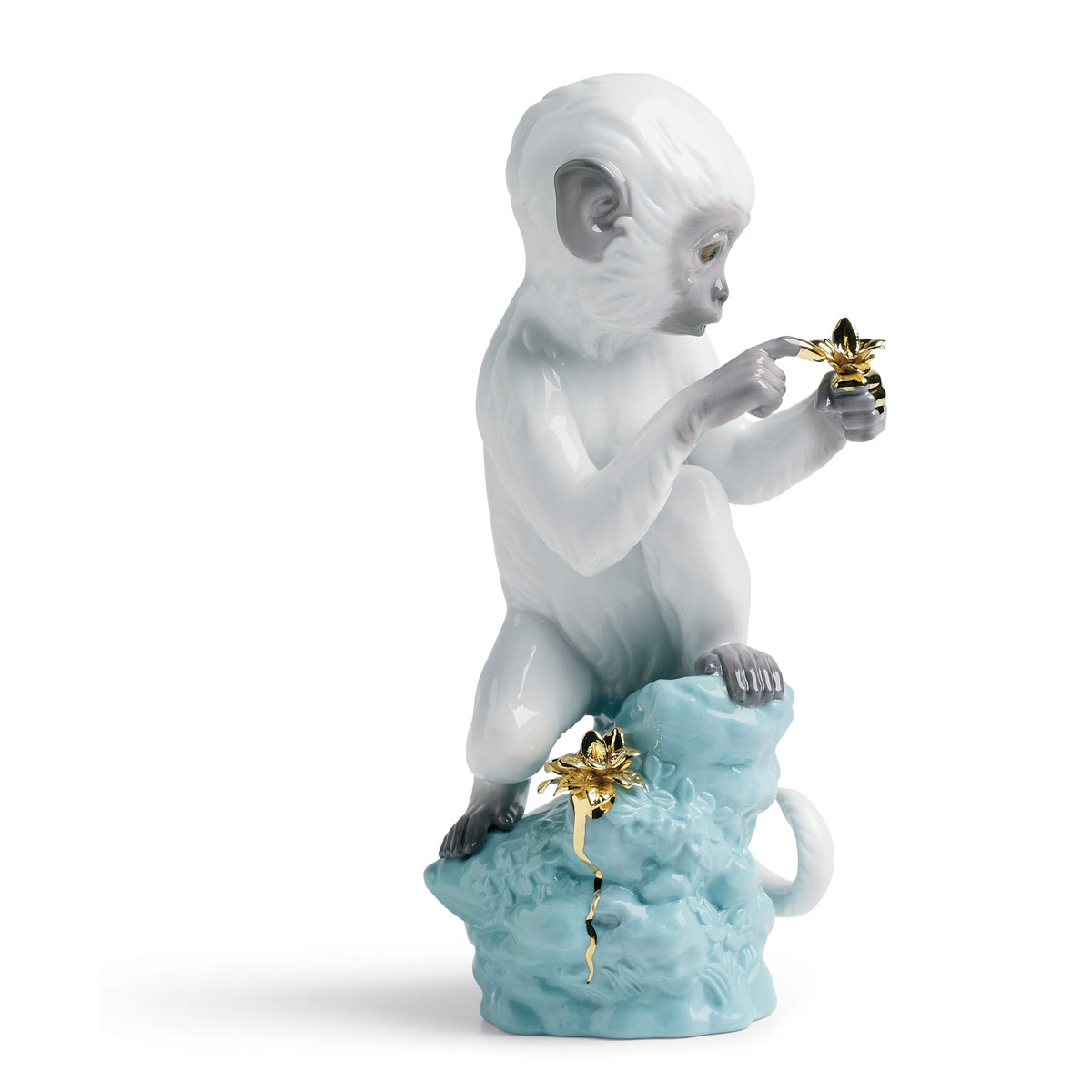 Lladro Design Figures, Curiosity Monkey On Turquoise Rock Figurine