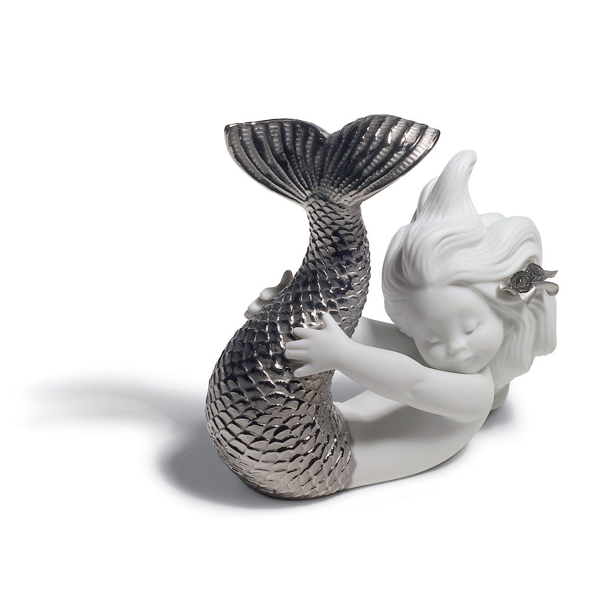 Lladro Classic Sculpture, Playing At Sea Mermaid Figurine. Silver Lustre
