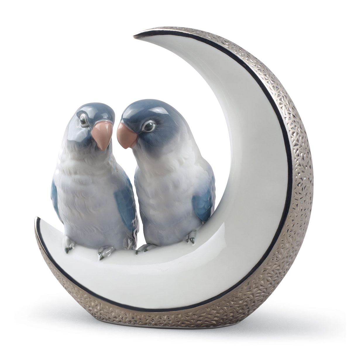 Lladro Classic Sculpture, Fly Me To The Moon Birds Figurine. Silver Lustre