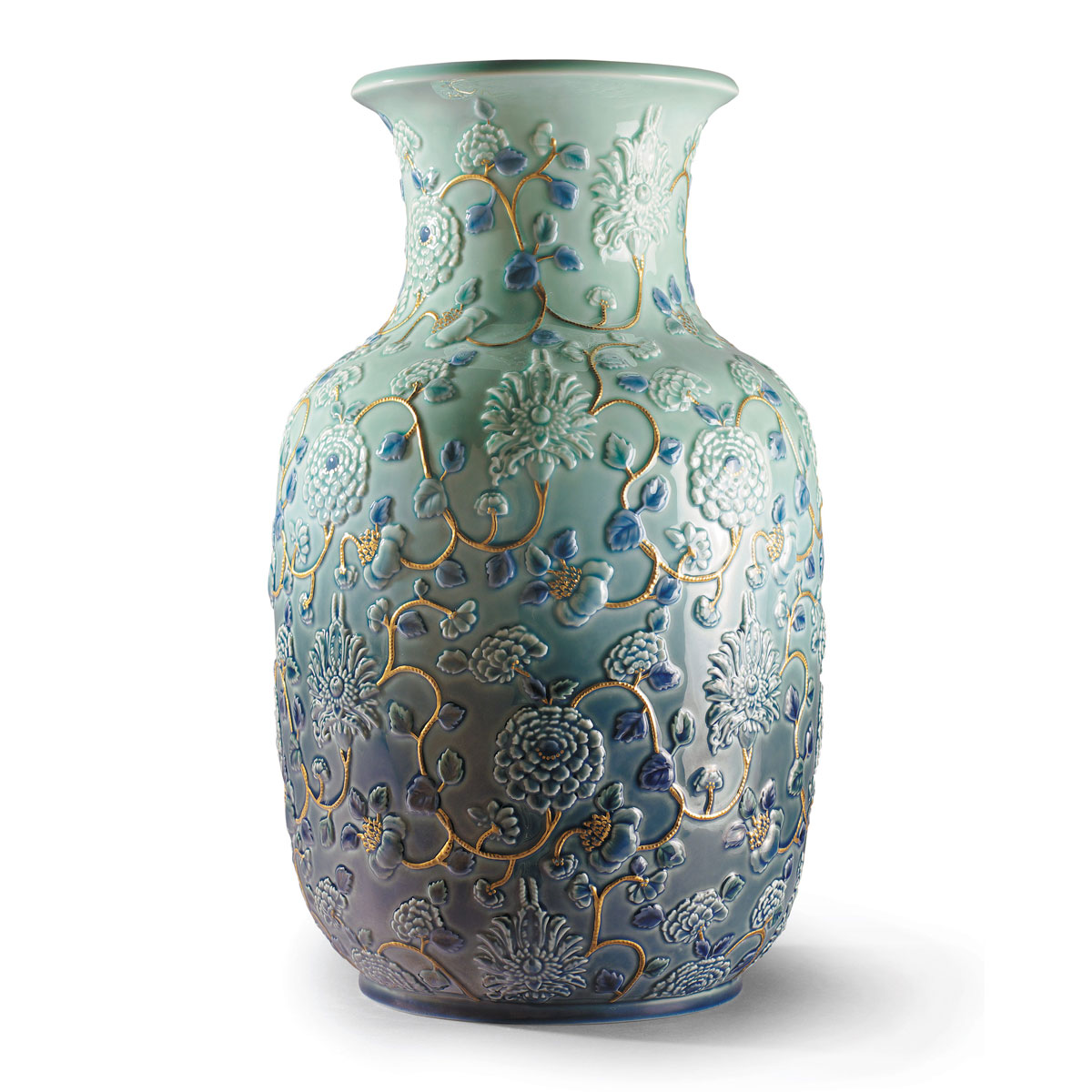 Lladro Home Decor, Peonies Vase. Golden Lustre