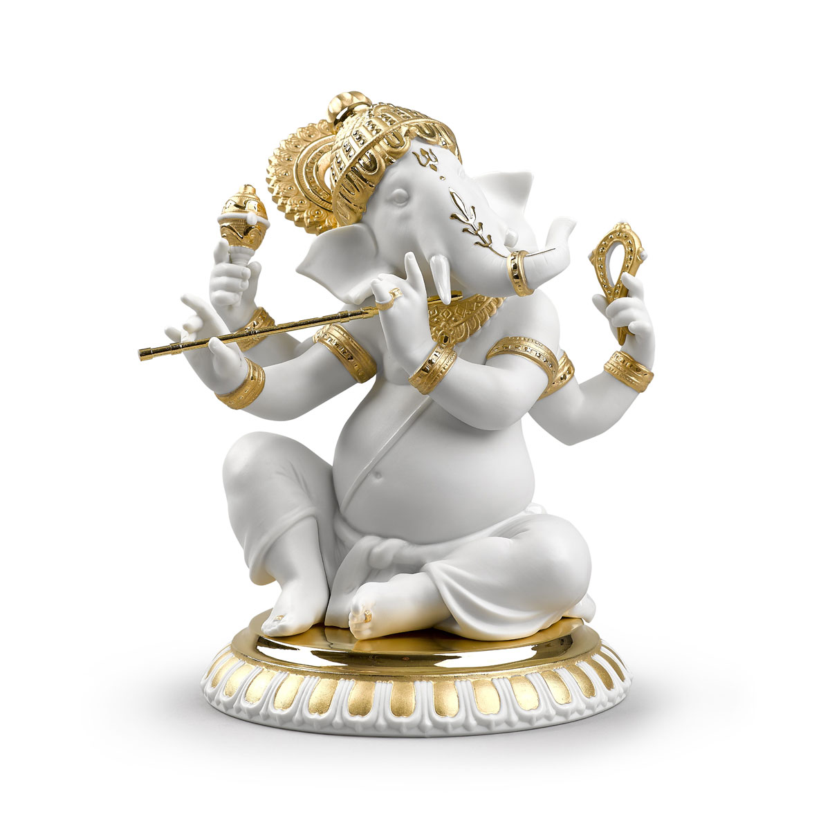Lladro Classic Sculpture, Bansuri Ganesha Figurine. Golden Lustre