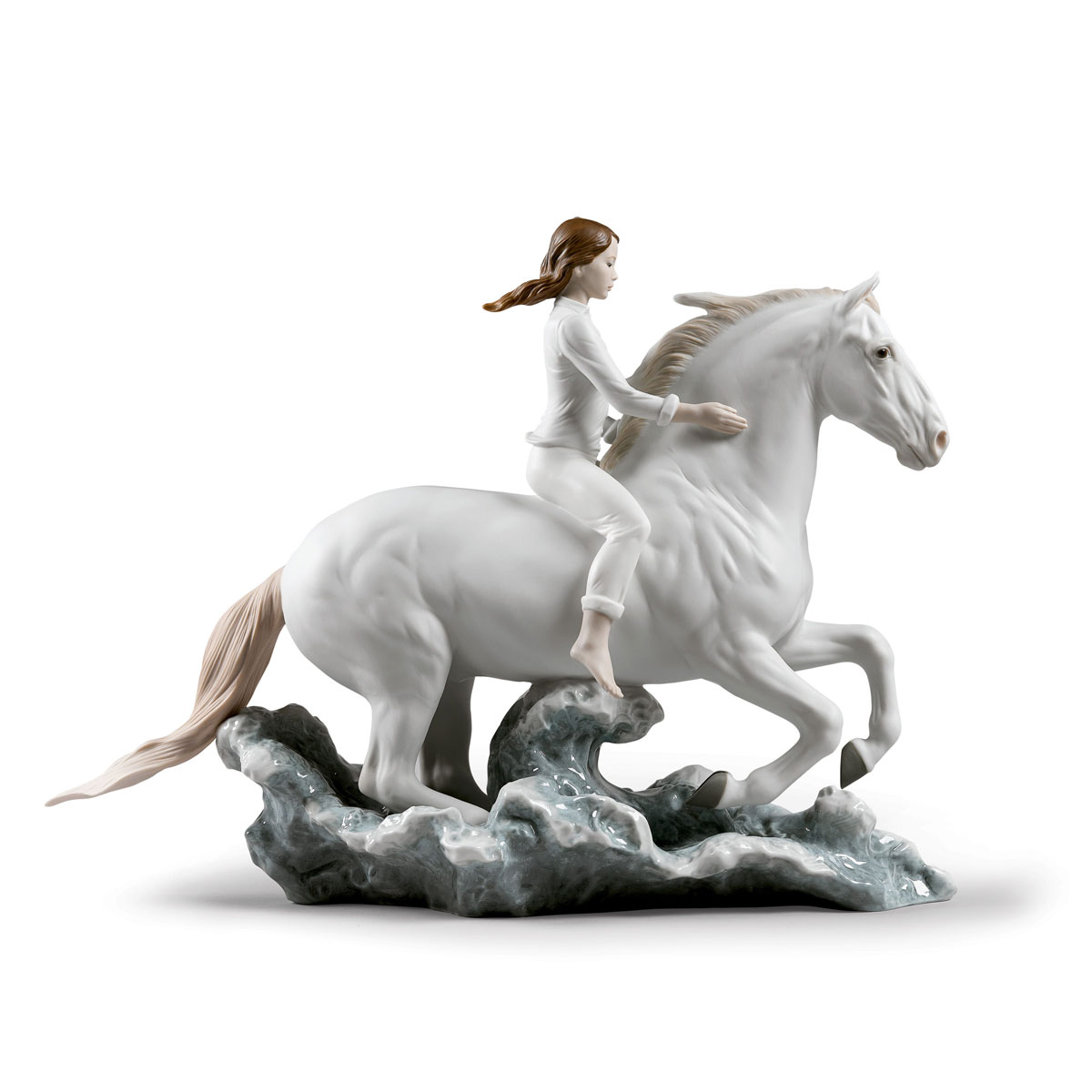 Lladro Classic Sculpture, Riding Her Horse On The Seashore Horse And Woman Figurine
