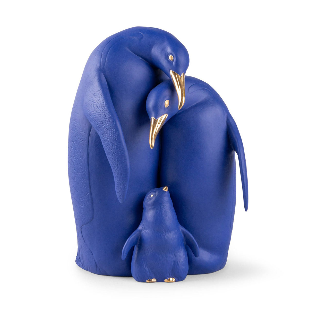 Lladro Design Figures, Penguin Family Sculpture. Limited Edition. Blue And Gold