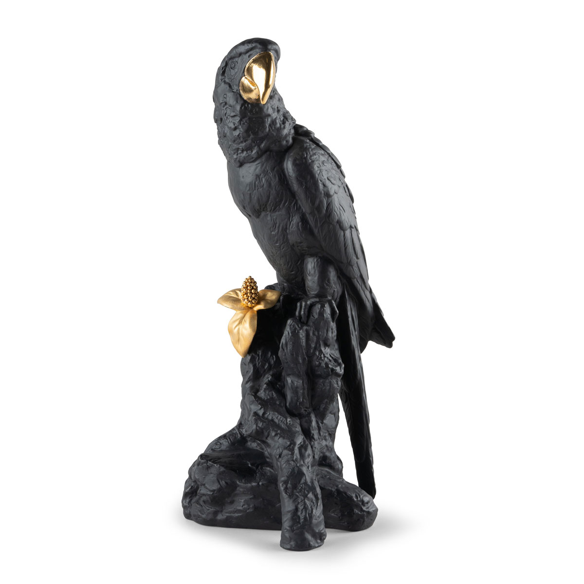 Lladro Design Figures, Macaw Bird Sculpture. Black-Gold. Limited Edition