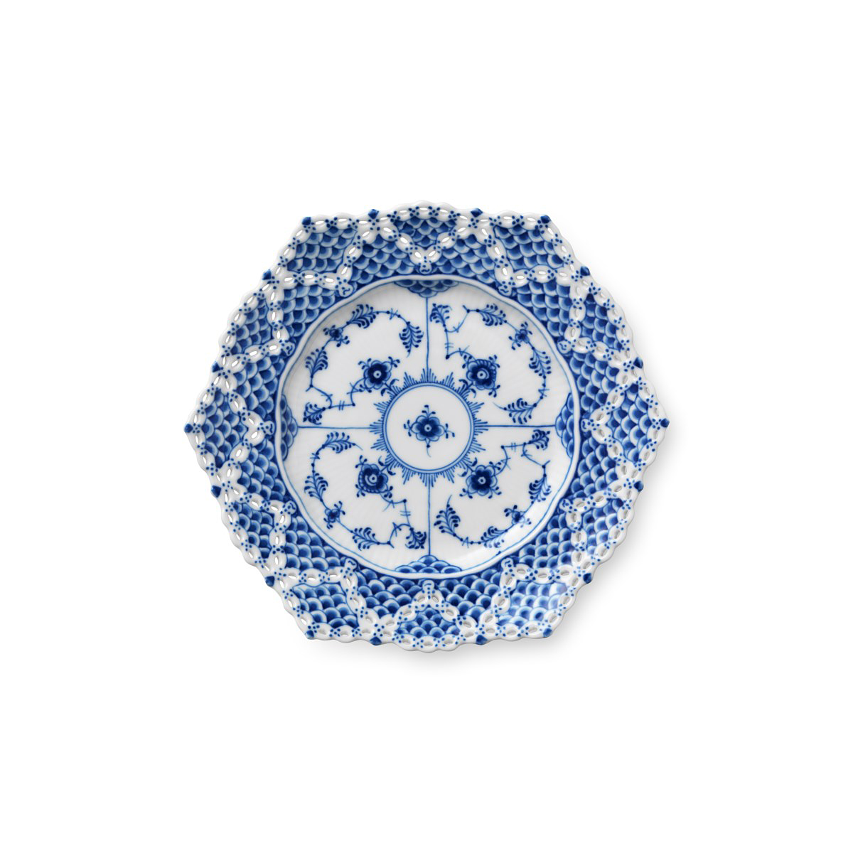 Royal Copenhagen, Blue Fluted Full Lace Cake Plate 8.25" W/ Double Lace Border