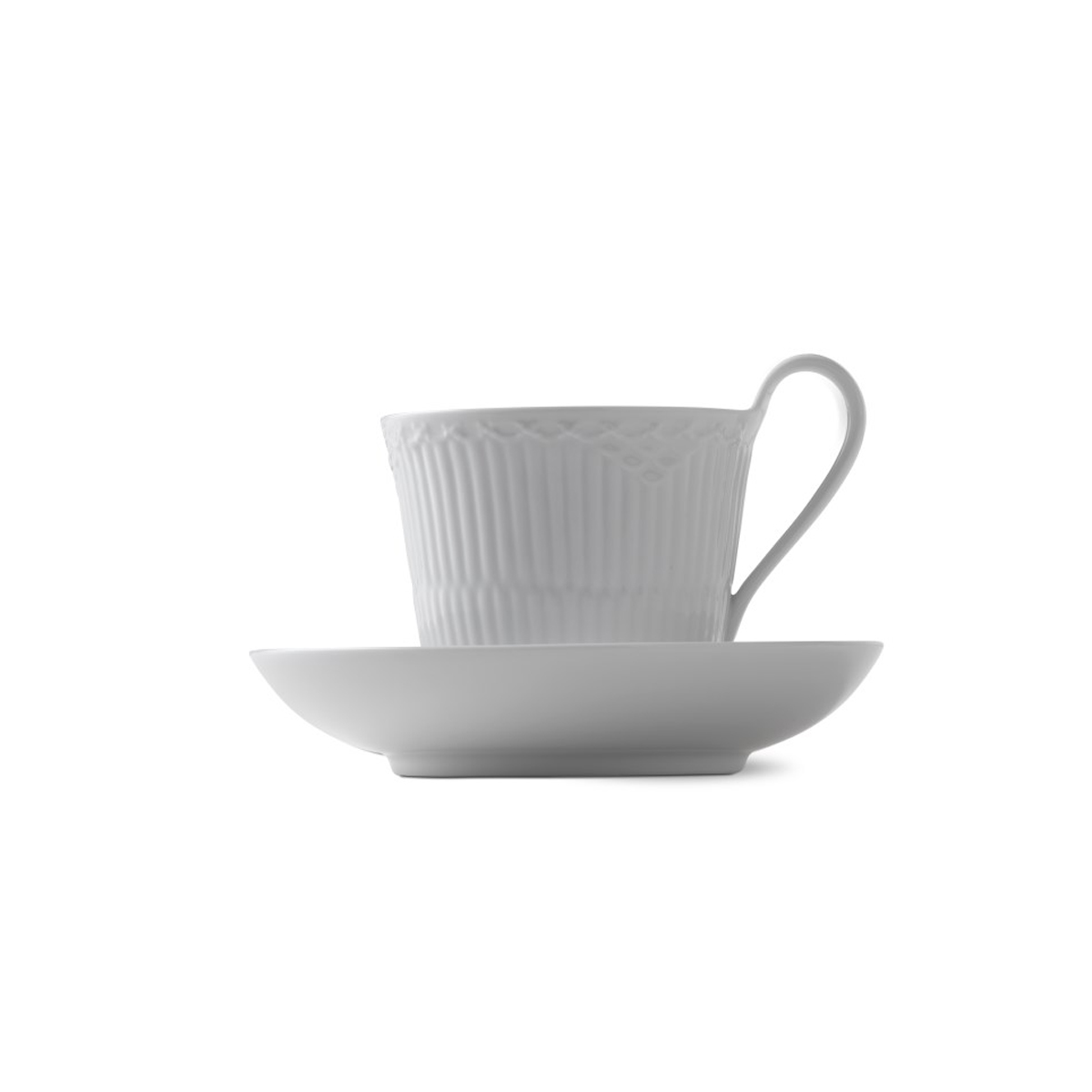 Royal Copenhagen, White Fluted Half Lace High Handle Cup and Saucer 8.5oz.