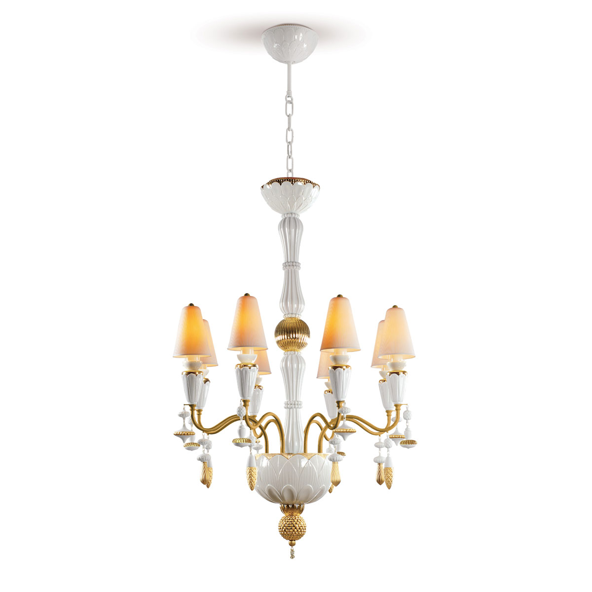 Lladro Classic Lighting, Ivy And Seed 8 Lights Chandelier. Golden Luster