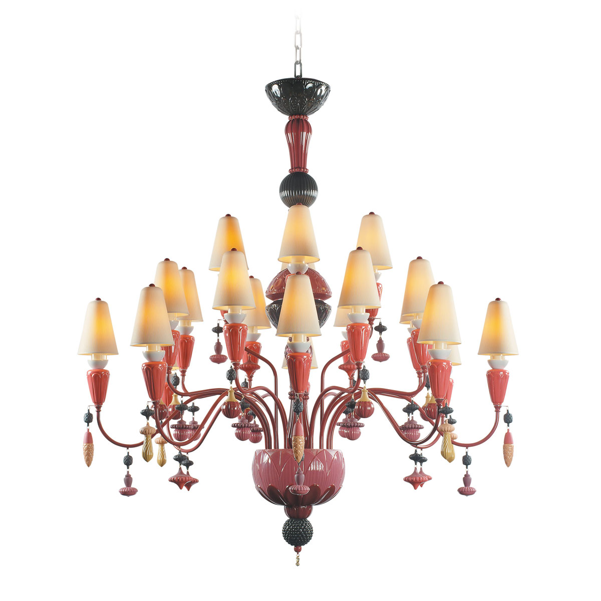 Lladro Classic Lighting, Ivy And Seed 20 Lights Chandelier. Medium Model. Red Coral