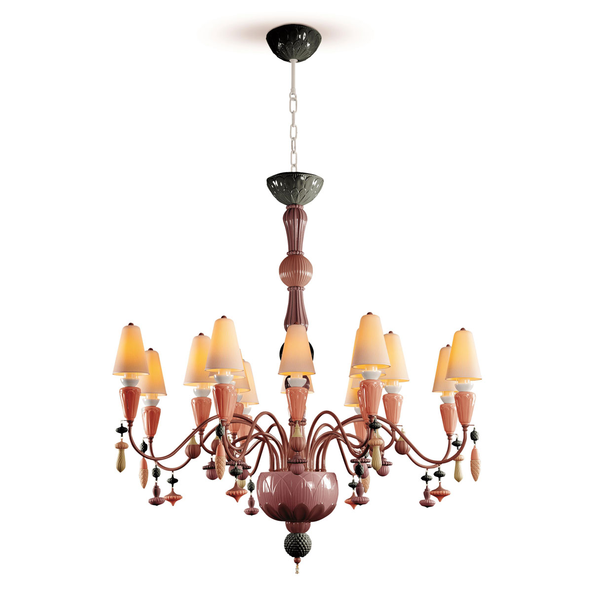 Lladro Classic Lighting, Ivy And Seed 16 Lights Chandelier. Medium Flat Model. Red Coral